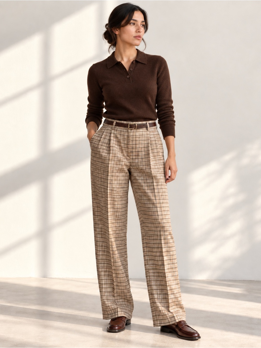 Frankenwälder Tan Cream Plaid Virgin Wool Pleated Wide Leg Pants Pockets US 16